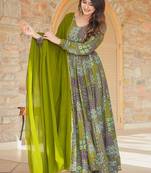 Green printed rayon anarkali suits