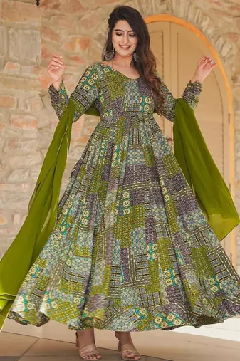 Green printed rayon anarkali suits