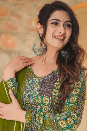 Green printed rayon anarkali suits