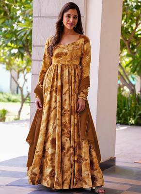 Mustard printed rayon anarkali suits 1