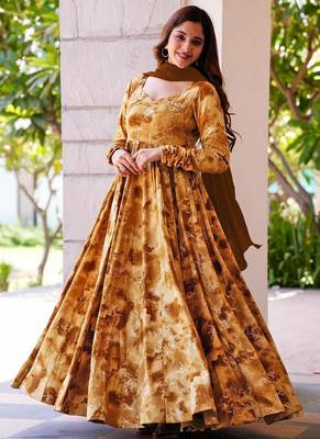 Mustard printed rayon anarkali suits 2