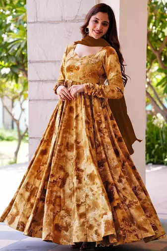 Mustard printed rayon anarkali suits