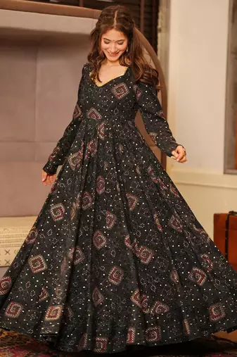Black printed rayon anarkali suits