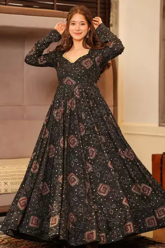 Black printed rayon anarkali suits