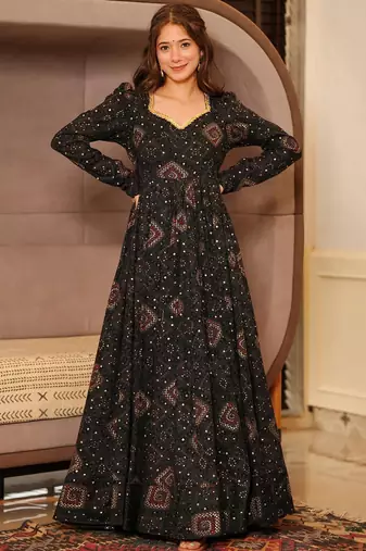 Black printed rayon anarkali suits