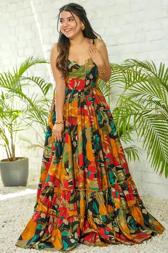Multicolor printed rayon gown