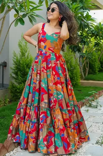 Multicolor printed rayon gown