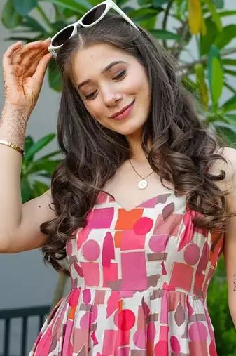 Baby pink printed rayon gown