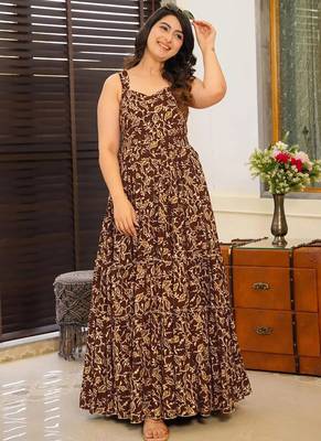 Brown printed rayon gown 1
