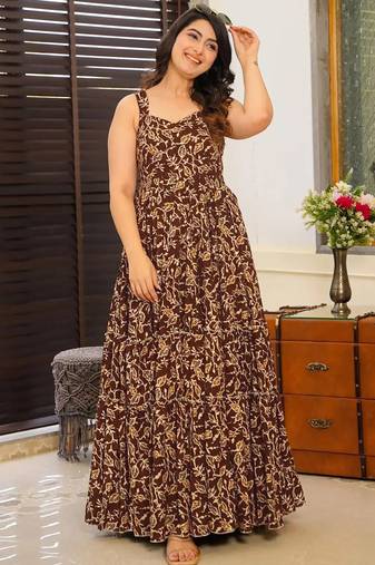 Brown printed rayon gown