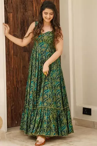 Green printed rayon gown