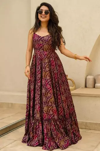 Purple printed rayon gown