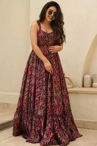 Purple printed rayon gown