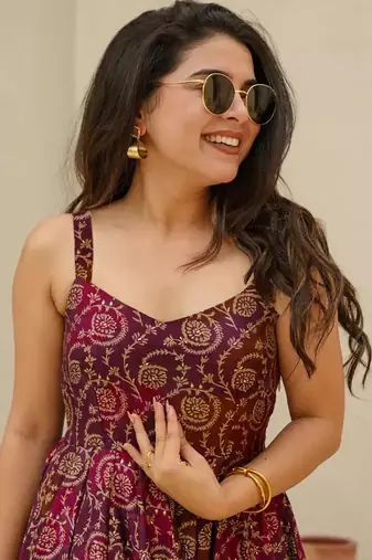 Purple printed rayon gown