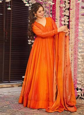 Orange digital print airtex chinon anarkali suits 1