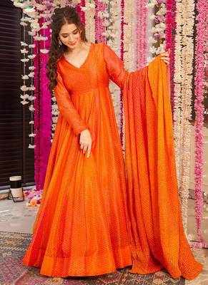 Orange digital print airtex chinon anarkali suits 2