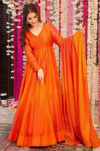 Orange digital print airtex chinon anarkali suits