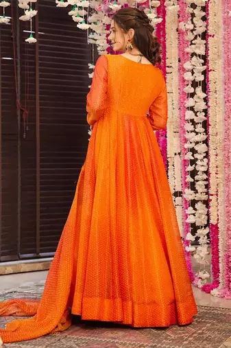 Orange digital print airtex chinon anarkali suits