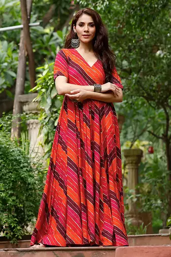 Orange-rani digital print rayon anarkali suits