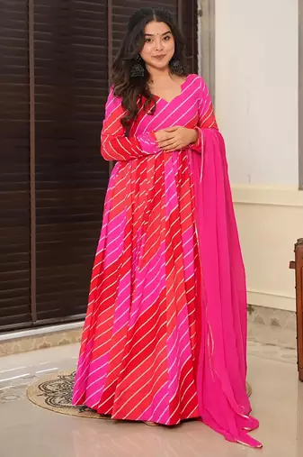 Red pink digital print rayon anarkali suits