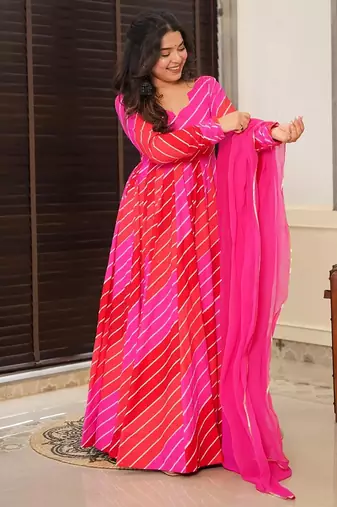 Red pink digital print rayon anarkali suits
