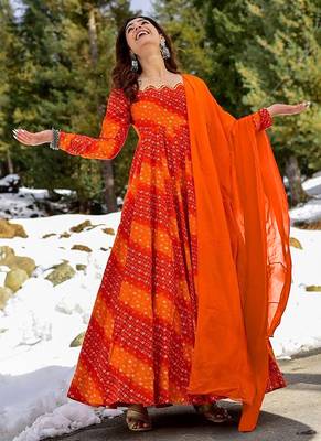 Orange red digital print rayon anarkali suits 1
