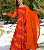 Orange red digital print rayon anarkali suits