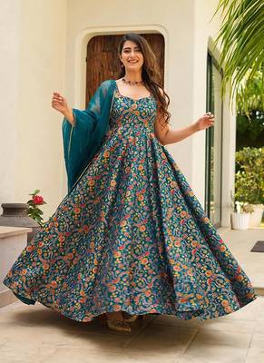 Teal blue printed silk gown 1
