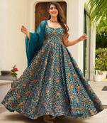 Teal blue printed silk gown