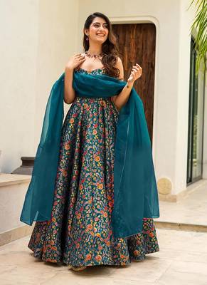 Teal blue printed silk gown 2