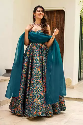 Teal blue printed silk gown