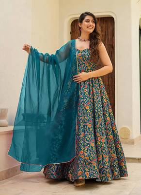 Teal blue printed silk gown 4