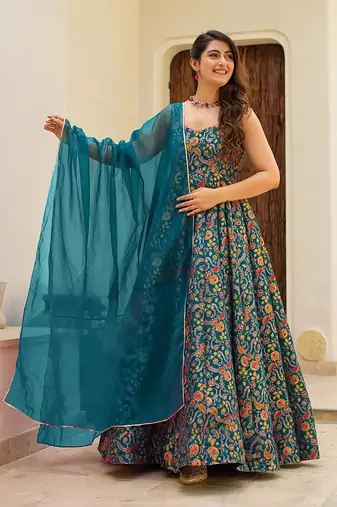 Teal blue printed silk gown