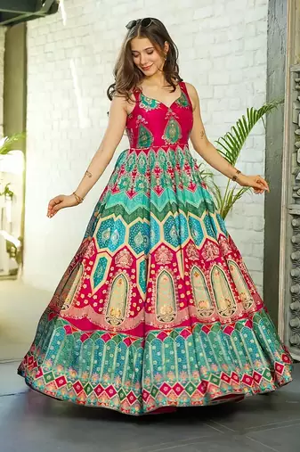Red printed silk gown