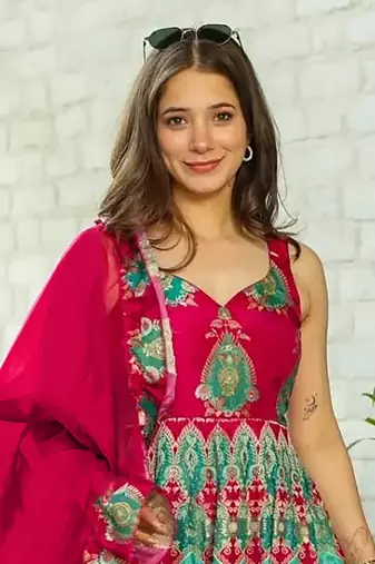 Red printed silk gown