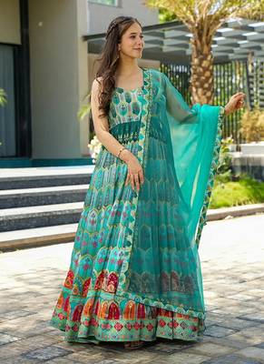 Sky blue printed silk gown 1