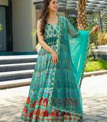 Sky blue printed silk gown