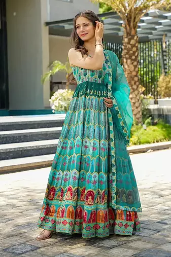 Sky blue printed silk gown