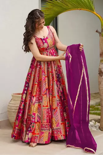 Pink printed Jharna silk gown