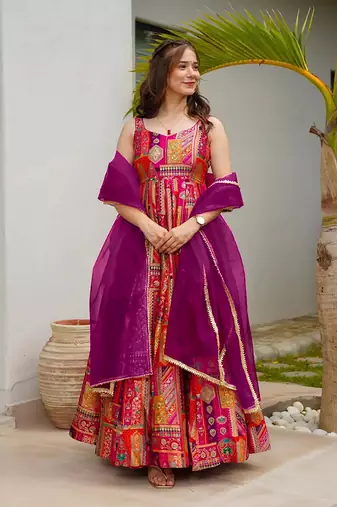 Pink printed Jharna silk gown