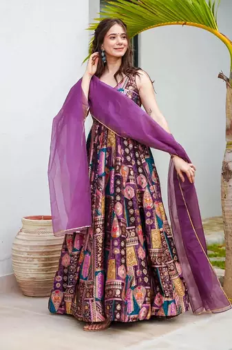 Purple printed Jharna silk gown