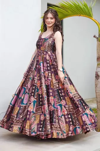 Purple printed Jharna silk gown