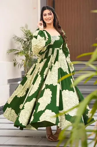Green printed rayon gown