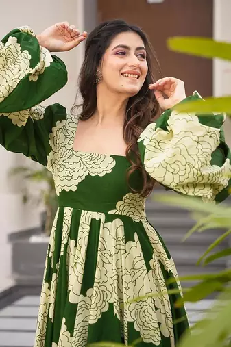 Green printed rayon gown