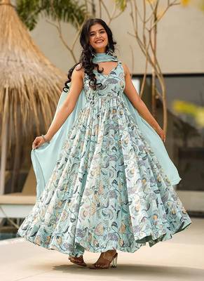 Sky blue printed rayon gown 1