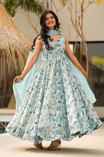 Sky blue printed rayon gown