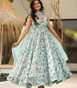 Sky blue printed rayon gown