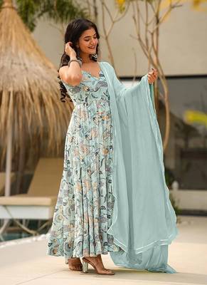 Sky blue printed rayon gown 2