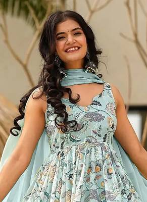 Sky blue printed rayon gown 4