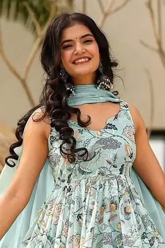 Sky blue printed rayon gown